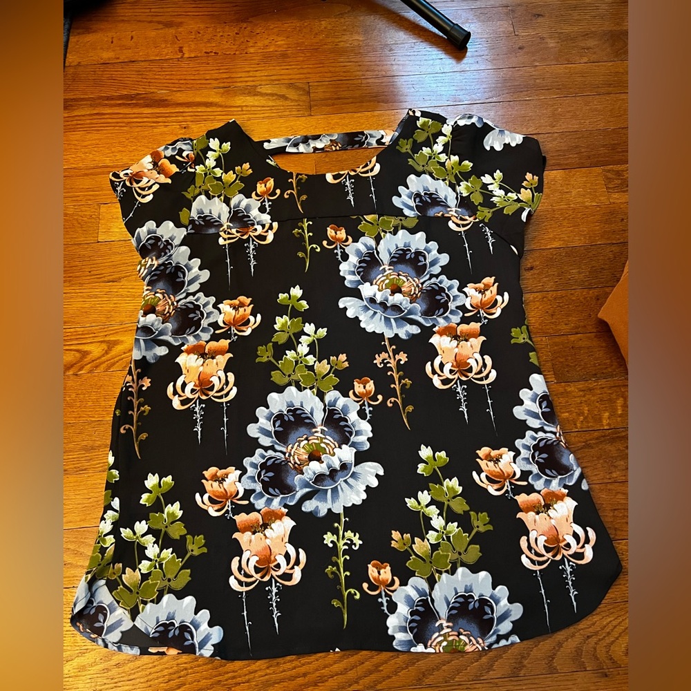 LOFT Black Floral Blouse with Blue and Orange Accents